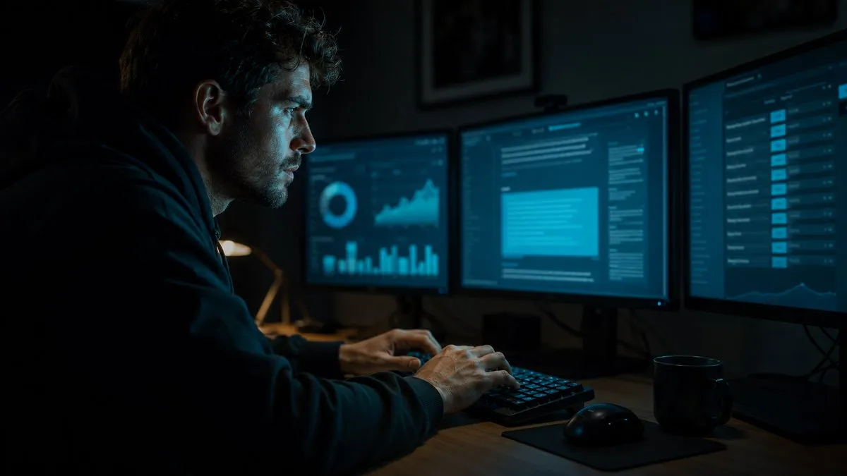 A focused media buyer at three monitors in evening light, hands on the keyboard, cyan dashboards reflecting on his face