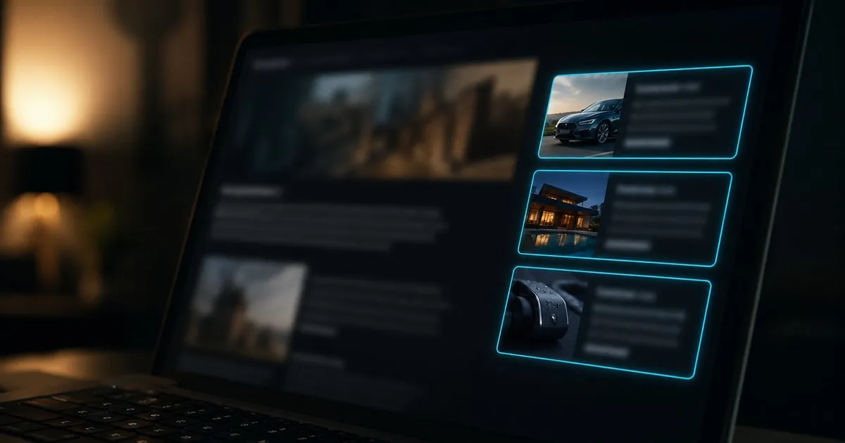 A dimly-lit laptop screen showing a blurred article with three cyan-glowing native ad widgets in the right sidebar