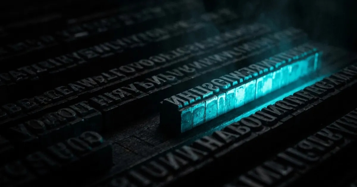 Rows of dark letterpress type in shadow, with one row of type glowing cyan and outshining the rest — one headline winning the feed.