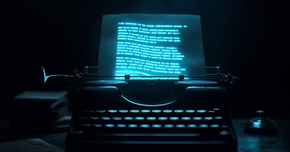 An old typewriter in darkness, the typed lines on its paper glowing cyan — salesmanship in print, literally luminous.