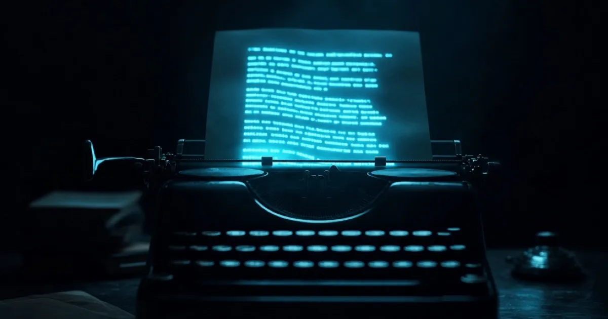 An old typewriter in darkness, the typed lines on its paper glowing cyan — salesmanship in print, literally luminous.