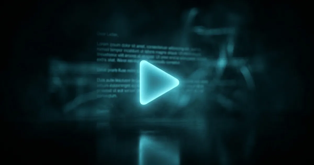 A glowing cyan play button hovering in darkness, with the blurred lines of a sales letter dissolving into the light behind it.