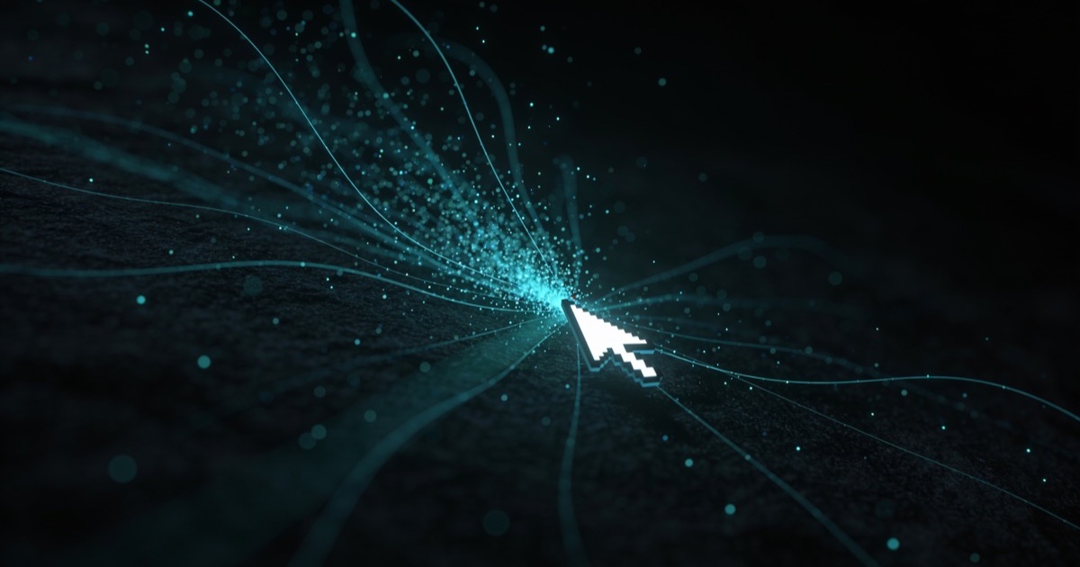 A glowing cursor mid-click in darkness, with fine cyan light streams and particles bleeding away from the click point.