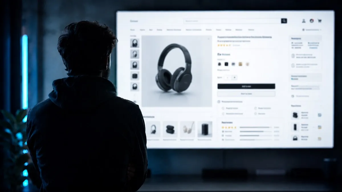 A lone figure, arms crossed, facing a large over-bright e-commerce product page in a dark room — unconvinced, not ready to buy